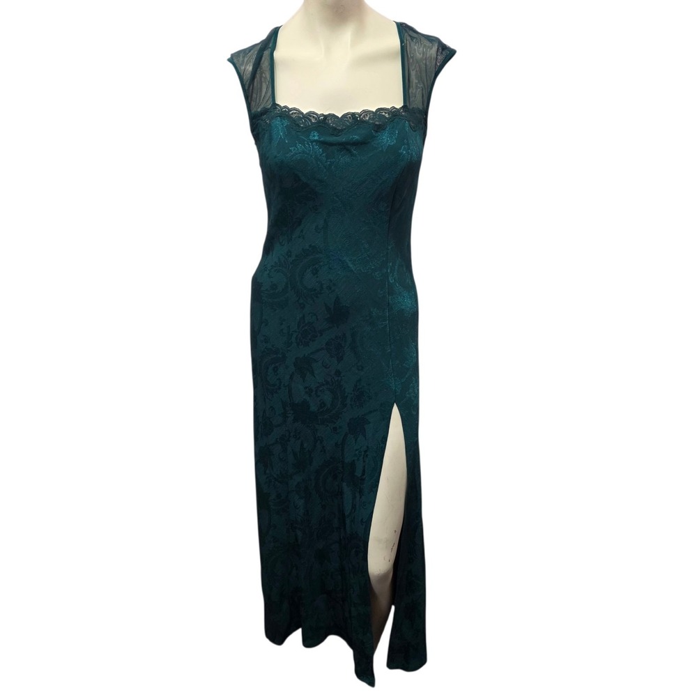 Victoria's Secret Green Jacquard Lace Mesh Maxi Dress High Slit Medium Vintage